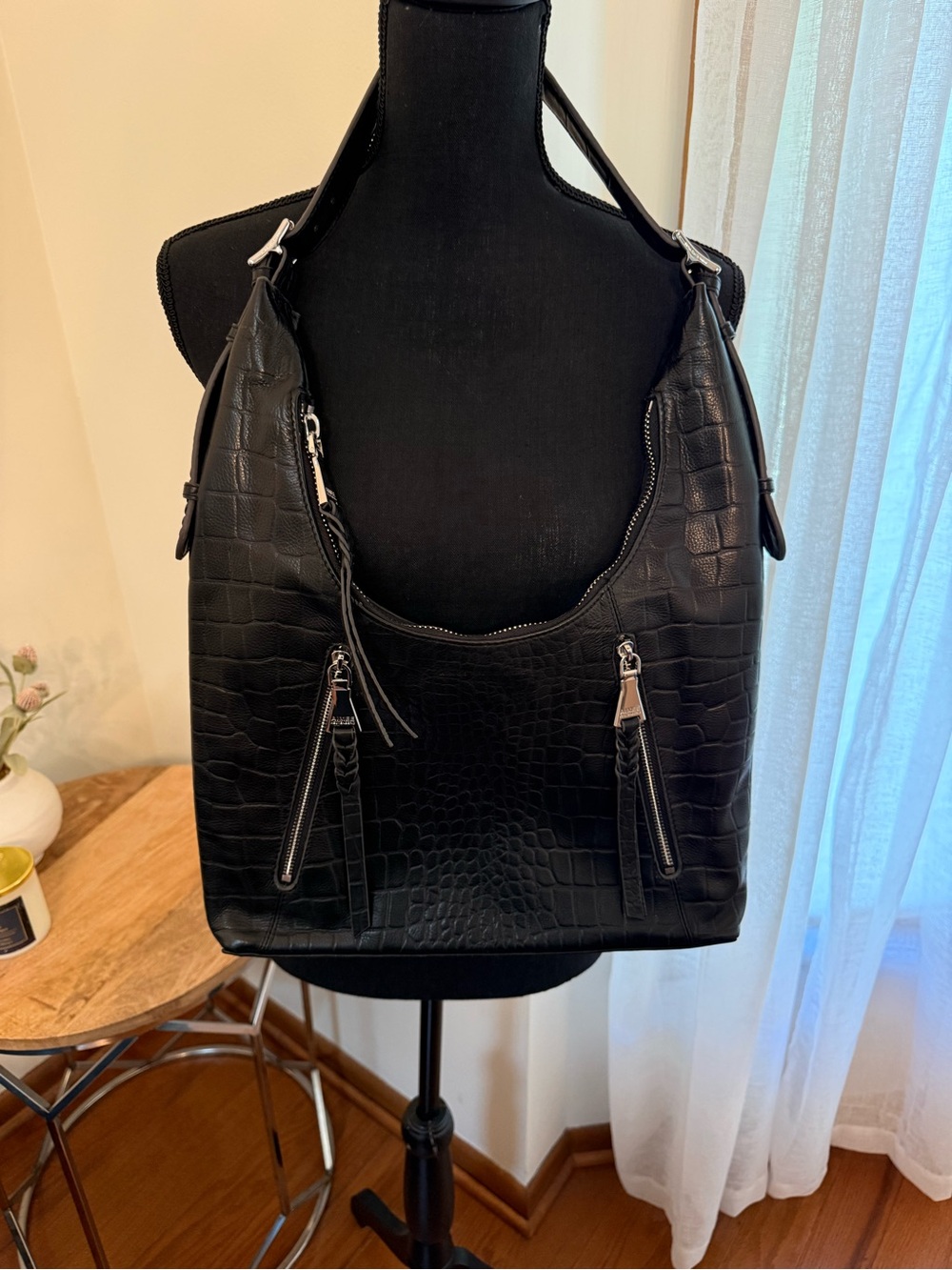 Aimee Kestenberg Black Croc-Embossed Hobo Bag